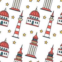 Flat Charming local landmarks and traditional symbols seamless tile pattern with vibrant colors concept as Vibrant colors highlight charming local landmarks and traditional symbols flat vector