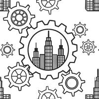 Flat City skyline with gears interlocking and copy space concept as Glossy image depicting a city skyline with interlocking gears symbolizing the seamless integration and cyber res flat vector