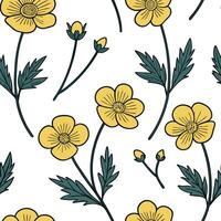 Flat Classic embroidered buttercup seamless pattern with textured details on white concept as Textured embroidered style buttercups creating a classic seamless pattern ideal for tr flat vector
