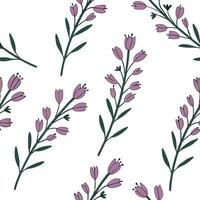 Flat Classic embroidered heather seamless pattern with rich textures on white concept as Textured embroidered style heather flowers creating classic seamless pattern ideal for trad flat vector