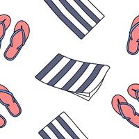 Flat Classic summer seamless pattern with striped beach towels and flip flops for relaxed beach vibes concept as Striped beach towels and flip flops arranged in a seamless pattern flat vector