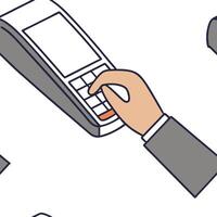 Flat Close up of a businessmans hand using a futuristic holographic payment terminal concept as A macro shot focusing on a businessmans hand interacting with a holographic payment flat vector