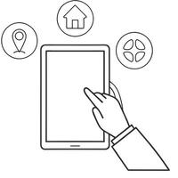 Flat Close up of a persons hand interacting with floating virtual icons above a tablet concept as A macro shot capturing a hand selecting virtual icons hovering above a tablet Th flat vector