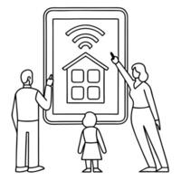 Flat Close up of family hands touching digital smart home screen futuristic light copy space concept as A macro shot of a family interacting with a smart home screen adjusting home flat vector