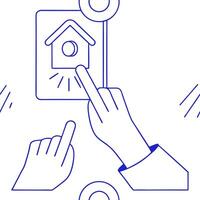 Flat Close up of family pressing a virtual home assistant button futuristic light with copy space concept as A macro shot of family fingers pressing a virtual home assistant button flat vector
