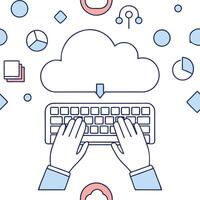 Flat Close up of hands typing on transparent cloud keyboard with digital icons copy space concept as Hands type on a transparent cloud themed keyboard surrounded by floating digita flat vector