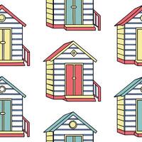 Flat Coastal beach huts seamless tile pattern with vibrant colors and beach house atmosphere concept as Colorful coastal beach huts create a fun vibrant seamless tile pattern full flat vector