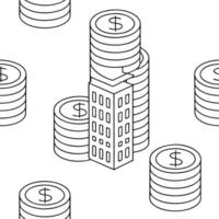 Flat Coin stack skyline concept as Macro view of a seamless tile pattern depicting a city skyline made of stacked coins Camera slowly pans across the cityscape revealing different flat vector