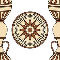 Flat Combine Greek ancient pottery designs with modern tiles patterns using earth tones and mythological figures concept as Focus on merging mythology with design by creating moder flat vector