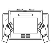 Flat Futuristic Macro of Brainstorming Interfaces concept as A macro shot of futuristic interfaces and touchscreens used by a team during a high tech brainstorming session emphasiz flat Set 2 vector