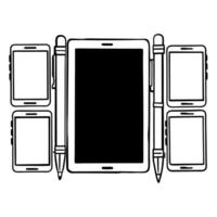Flat Futuristic Macro of Brainstorming Interfaces concept as A macro shot of futuristic interfaces and touchscreens used by a team during a high tech brainstorming session emphasiz flat Set 3 vector