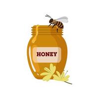 Honey jar with bee and golden honey. vector