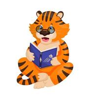 Tiger reading a book with glasses, sitting cross-legged. vector