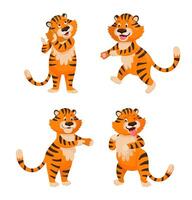 Tiger characters in playful poses with expressions vector