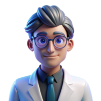 élégant classique portrait de une réfléchi scientifique avec lunettes et une laboratoire manteau, allumé par le cool lueur de une ordinateur filtrer, dans une futuriste style original png