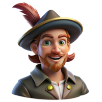 dramatic creative Portrait of a charming rogue with a sly grin and a feathered hat, lit by dim tavern light, in a swashbuckler style detailed png