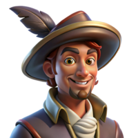 magnificent artistic Portrait of a charming rogue with a sly grin and a feathered hat, lit by dim tavern light, in a swashbuckler style high resolution png