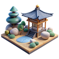 beautiful rustic Japanese Zen garden with traditional tea house, raked gravel, bonsai trees, soft diffused light, serene, exclusive png