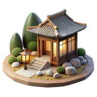 impressive minimalist Japanese Zen garden with traditional tea house, raked gravel, bonsai trees, soft diffused light, serene, 4K png