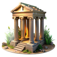 impressive minimalist Ruined Greek temple, crumbling columns, overgrown with vegetation, golden hour lighting, evocative, detailed png