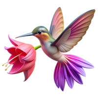 stunning classic A hummingbird hovering near a vibrant fuchsia flower, motion blur on the wings, vibrant colors, dynamic lighting high quality png