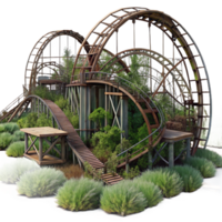 serene abstract Abandoned amusement park, rusted rollercoasters, overgrown with weeds, eerie atmosphere, detailed png