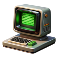 beautiful vintage A vintage computer terminal displaying complex code, flickering green text on a black screen, dimly lit room, retrofuturism style authentic png