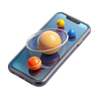 magnificent contemporary A transparent smartphone displaying a 3D model of the solar system, sleek design, bright display light, futuristic minimalist style high quality png
