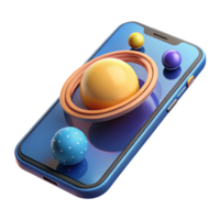 stunning modern A transparent smartphone displaying a 3D model of the solar system, sleek design, bright display light, futuristic minimalist style premium png