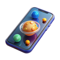 serene traditional A transparent smartphone displaying a 3D model of the solar system, sleek design, bright display light, futuristic minimalist style high quality png