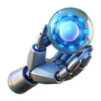 beautiful minimalist A robotic hand delicately holding a glowing orb of data, intricate metallic design, soft blue lighting, cinematic style high quality png