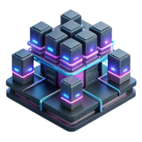 wonderful creative A network of interconnected servers with glowing data streams, complex wiring and circuitry, dark room with neon accents, cyberpunk style high quality png