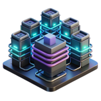 wonderful traditional A network of interconnected servers with glowing data streams, complex wiring and circuitry, dark room with neon accents, cyberpunk style premium png