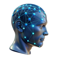 impressive traditional A transparent human head with visible neural pathways, glowing with data streams, dark background with blue accents, scientific visualization style premium png