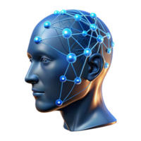 magnificent abstract A transparent human head with visible neural pathways, glowing with data streams, dark background with blue accents, scientific visualization style authentic png