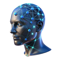 serene traditional A transparent human head with visible neural pathways, glowing with data streams, dark background with blue accents, scientific visualization style high quality png