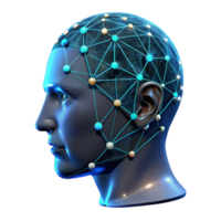 dramático minimalista uma transparente humano cabeça com visível neural caminhos, brilhando com dados fluxos, Sombrio fundo com azul acentos, científico visualização estilo 4k png