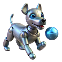 wonderful traditional A robot dog with sleek metallic design, playing fetch with a glowing ball, bright daylight, playful style professional png
