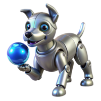elegant classic A robot dog with sleek metallic design, playing fetch with a glowing ball, bright daylight, playful style genuine png