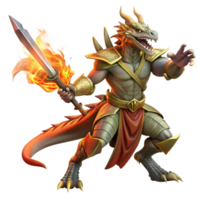 stunning rustic A fierce dragonborn warrior wielding a flaming sword, dramatic backlighting, realistic painting style exclusive png