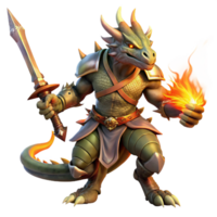 wonderful artistic A fierce dragonborn warrior wielding a flaming sword, dramatic backlighting, realistic painting style exclusive png