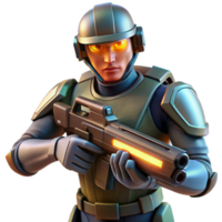 serene rustic Futuristic soldier wielding a plasma rifle, harsh lighting, hyperrealism style genuine png