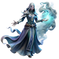 impressive classic A powerful sorceress casting a spell in a swirling mist, ethereal lighting, magic the gathering style high quality png