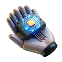 serene contemporary Bionic hand holding a glowing data chip, focused lighting, tech noir style detailed png