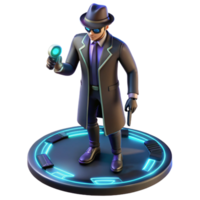 elegant modern Cyborg detective investigating a crime scene in a virtual reality, neon lighting, noir style detailed png