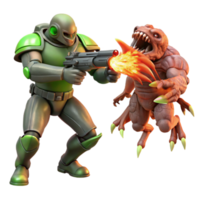magnificent vintage Space marine fighting a giant alien creature, explosive lighting, action sci-fi style high quality png