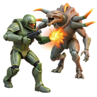 beautiful artistic Space marine fighting a giant alien creature, explosive lighting, action sci-fi style genuine png