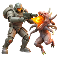 vibrant artistic Space marine fighting a giant alien creature, explosive lighting, action sci-fi style high resolution png