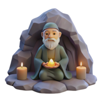 impressive rustic A wise old hermit meditating in a secluded cave, candlelight lighting, concept art style premium png