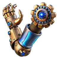 vibrant traditional A complex steampunk prosthetic arm, gleaming brass and copper, intricate gears and pistons moving, illuminated by a cool blue light premium png